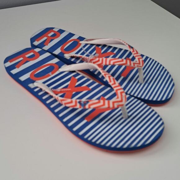 Roxy Women's Tahiti VII Blue White Stripe Chevron Stap Flip Flop Size 8 - Picture 2 of 9